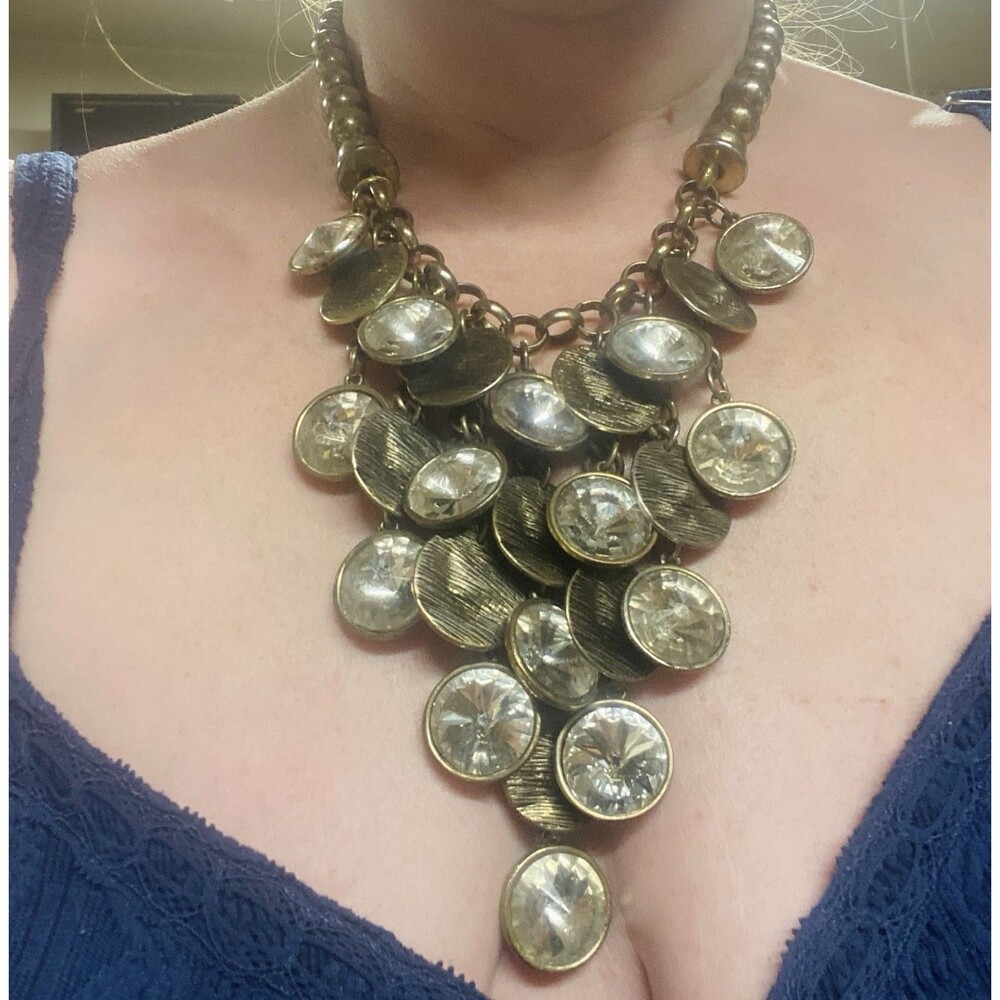 Chicos Logan Crystal Rhinestone Bib Statement Necklace Antique Gold Mixed Metal